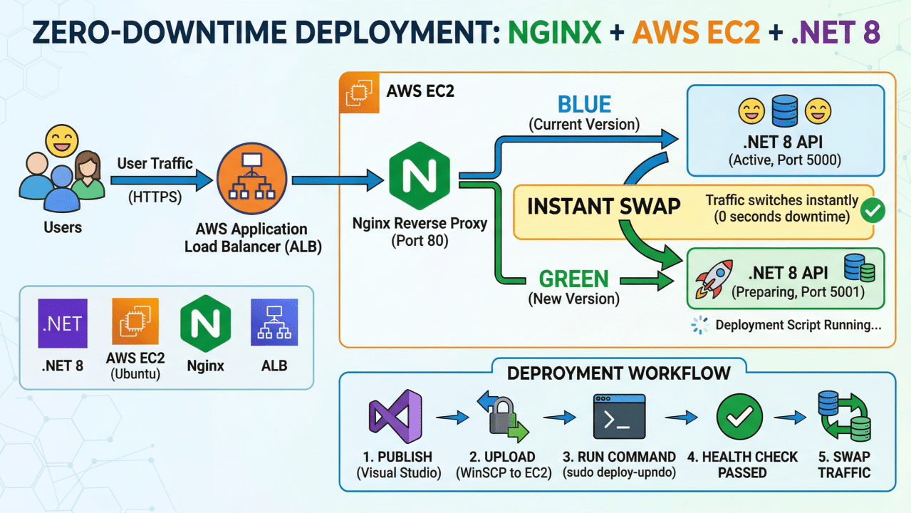 Zero Downtime Dot Net Deployment architecture using NGINX blue green strategy